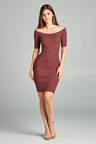 Off The Shoulder Ribbed Knit Bodycon Dress