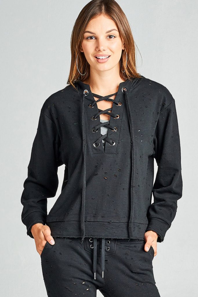 Distressed Lace Up Hoodie