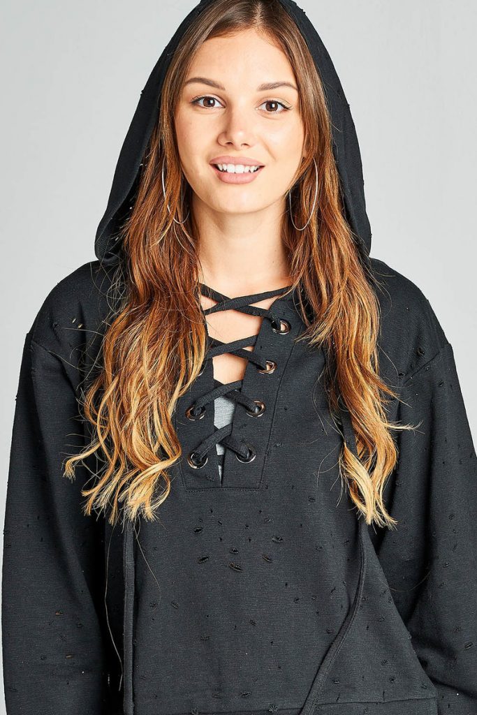 Distressed Lace Up Hoodie